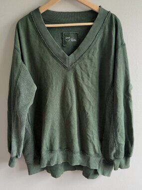 Aerie Olive Green V-Neck Raw Edge Sweatshirt Size XS Cotton Blend Women's